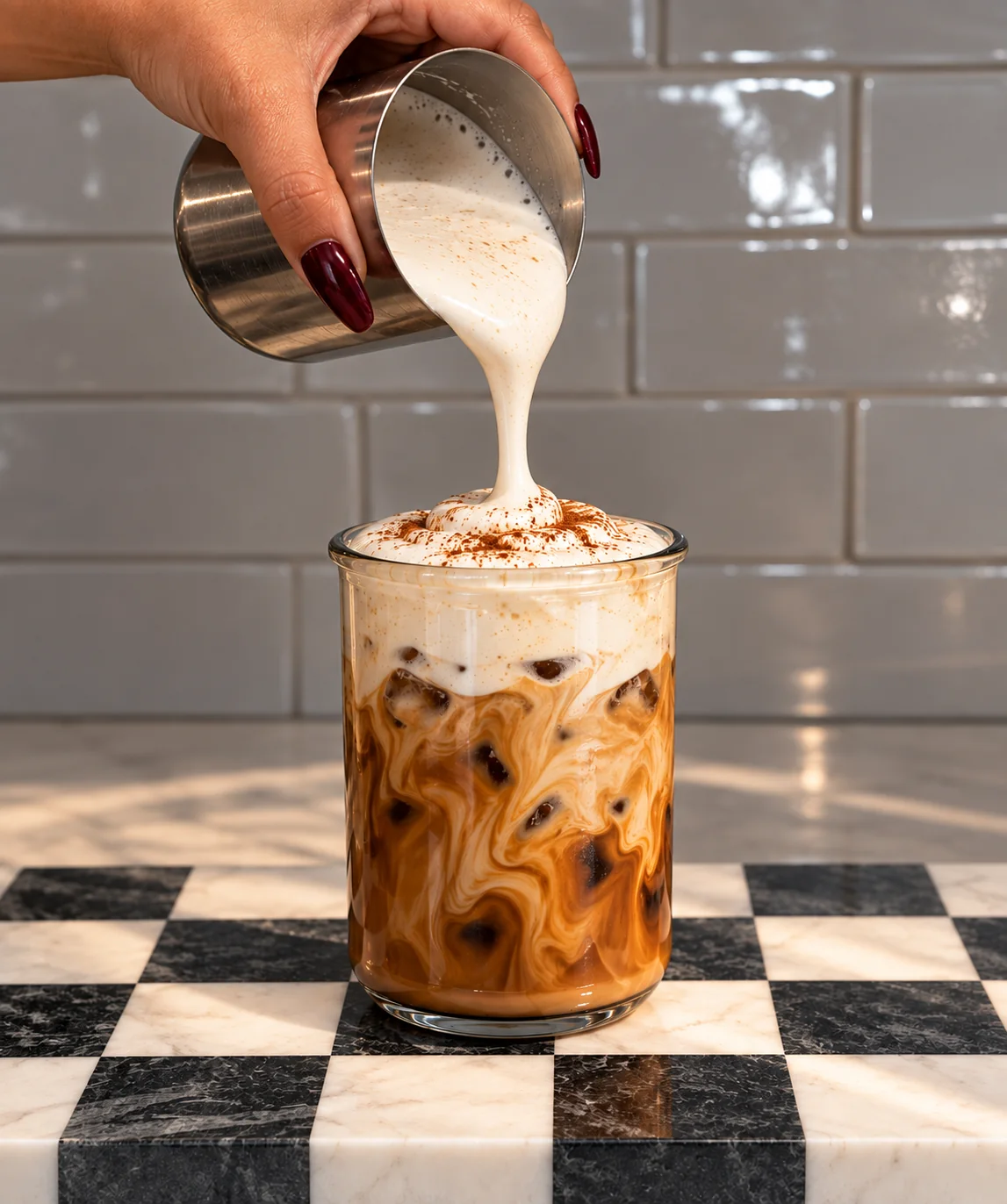 Cream poured over an iced latte